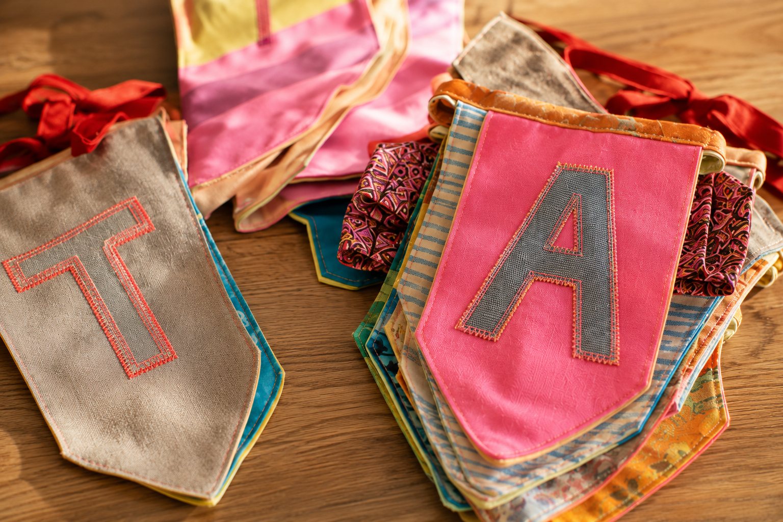 Hand-stitched bunting flags with appliqued letters on a wooden table